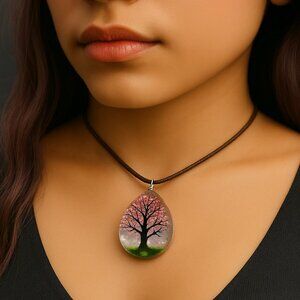 Teardrop Pendant Necklace – Pink Blossom Floral Resin Jewelry on a Brown Cord